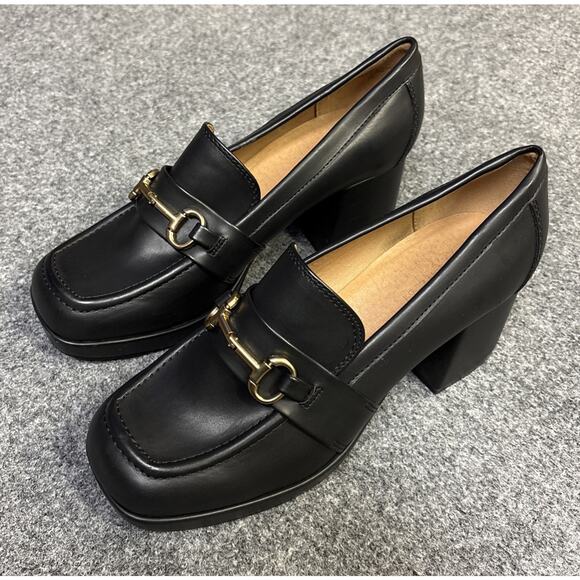 Nine West Shoes - Nine West Women’s 8.5 Black Slip-On Block Chunky Heel Gold Chain Loafers Shoes